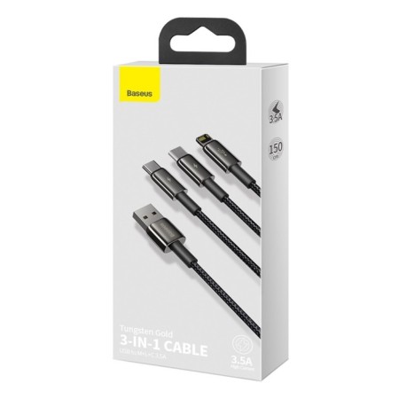Cable 3B1 Baseus, Tungsten Gold One-For-Three, Microusb+Type-C+Lightning, 3.5a, 1.5 m, Black-10