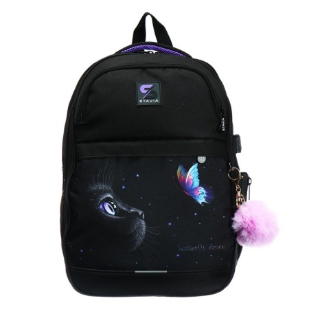 Youth backpack, 40 x 28 x 18 cm, ergonomic back, stavia "cat with a butterfly", black-2