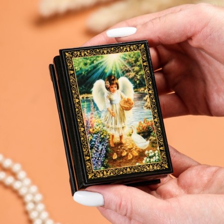 Casket "Angel with birds", 6 × 9 cm, lacquer miniature-2