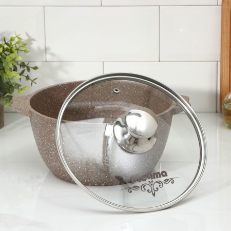Pamper "Granite Brown", 3 l, d = 24 cm, h = 19.5 cm, glass cover, anti -stick coating, brown color-1