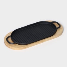 Grill pan, 37 × 16.5 cm, with handles, on a wooden stand