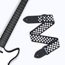 Guitar belt, checkers, 60-117x5 cm, black and white