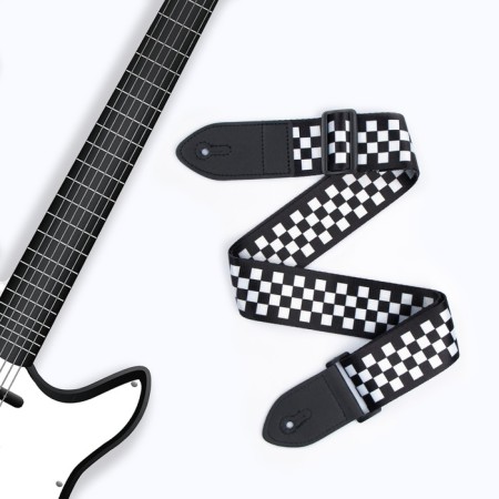 Guitar belt, checkers, 60-117x5 cm, black and white