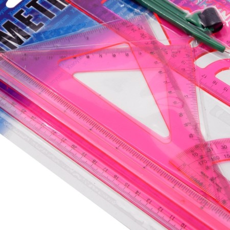 Set of geometric, drawing, blister: ruler 30 cm, 2 triangles, transporter, eraser, compass, ruler with stencils, tinted, mix-3