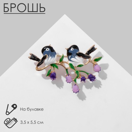 Brooch "Birds" on a flower branch, colored in gold