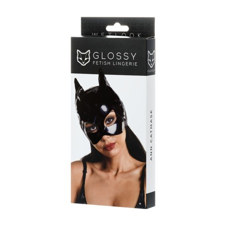 Glossy cat mask from Wetlook material, black color, OS size-2