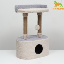 A house for cats with a claw, with an oval shelf, 54 x 34 x 80 cm, fluffy fur, jute, gray