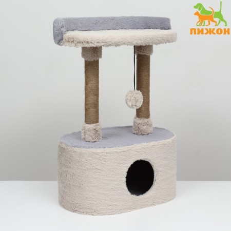 A house for cats with a claw, with an oval shelf, 54 x 34 x 80 cm, fluffy fur, jute, gray