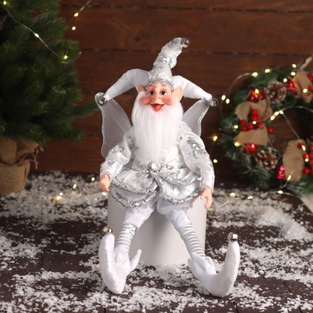 New Year's jester "with wings" sits, moves, 39x14 cm, silver