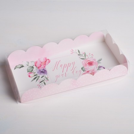 Cookie box, confectionery packaging with PVC lid, happy your day, 21 x 10.5 x 3 cm