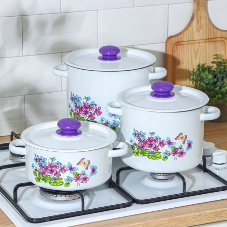 Set of pan “violet”, 3 subjects: 2 l, 3.5 l, 5.5 l, enameled covers, induction, color mix-3