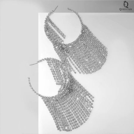 Hanging earrings with rhinestones "Waterfall" threads on large rings, white color in silver, 12 cm-1