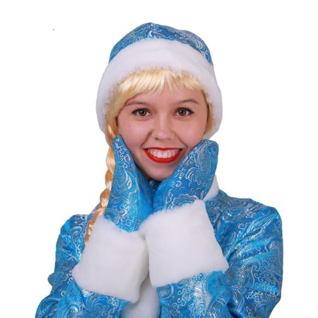 New Year! Snegurochka carnival costume, brocade fur coat, hat, mittens, blue color, p. 46-2