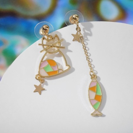 Earms enamel "Night" cat and fish, colored in gold-3