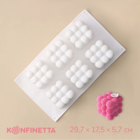 Form for mousse desserts and baking konfinetta "Raphael", silicone, 29.7 × 17.5 × 5.7 cm, 6 cells (6.2 × 6.2 cm), white color
