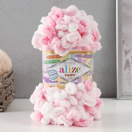 Yarn "Puffy Color" 100 % micropoliester 9m/100g (5863 pink-white)