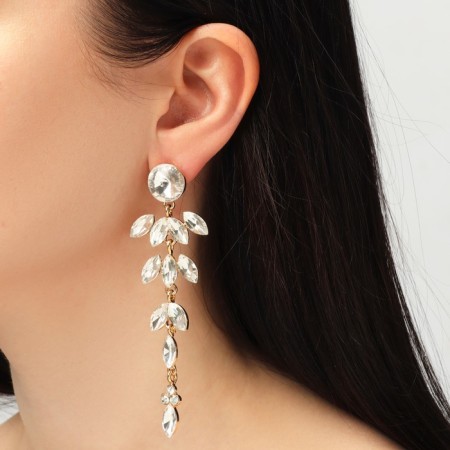 Hanging earrings with rhinestones "bun" deciduous, white color in gold, 9.5 cm-2