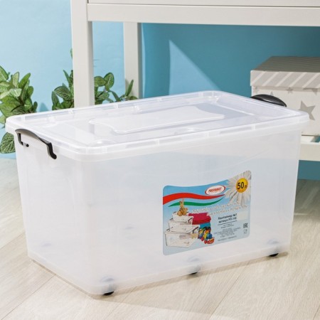 Container for storage with a lid, 50 l, 61 × 39 × 32 cm, on wheels, the color is transparent-1