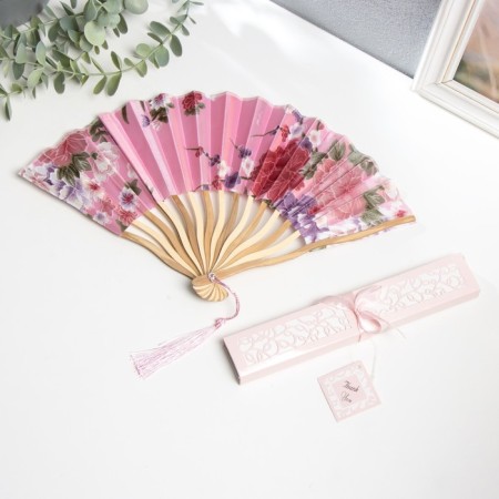 Fan bamboo, textile h = 21 cm bend, with a brush "flowers" in a box, pink