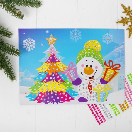 Application with round rhinestones "Snowman with a Christmas tree"