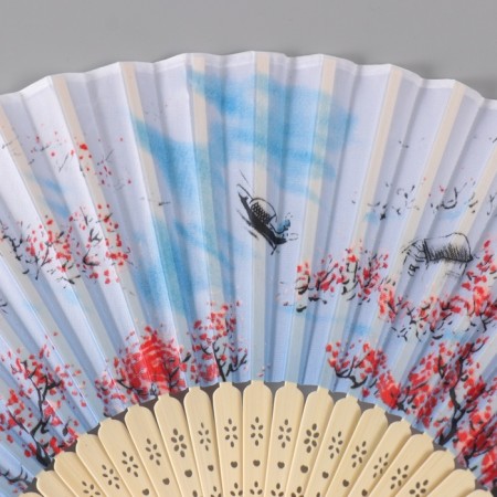 Fan Bamboo, Textile H = 21 cm "House in Sakura" Blue, with a blue brush-1