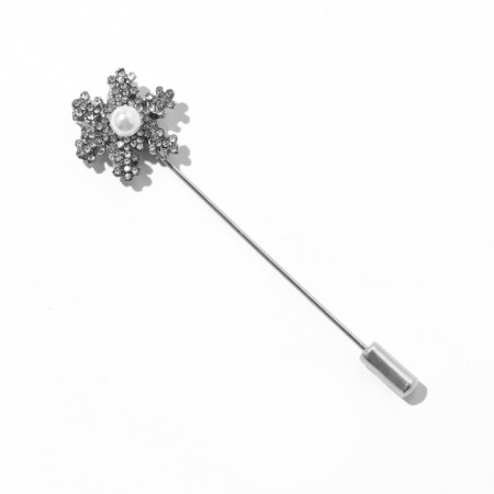 Pin "Snowflake with bead", 7.4 cm, white color in silver-1