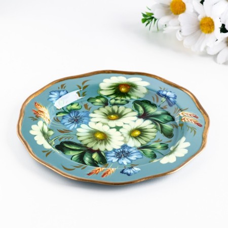 Zhostovsky tray "chamomile", blue, with copyright painting, d = 17 cm-1