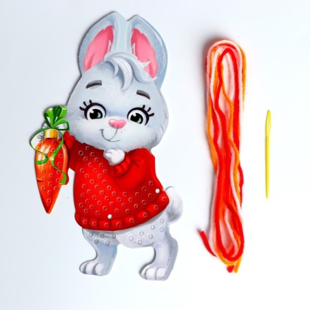 New Year's set for creativity. Embroidery with yarn "New Year! Rabbit "on cardboard-3