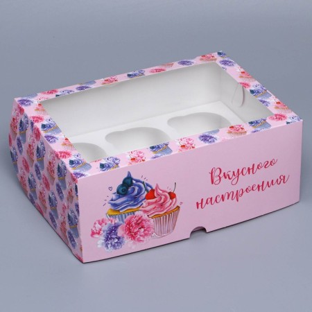 Box for cupcakes, confectionery packaging with a window, 6 cells of "delicious mood", 25 x 17 x 10 cm