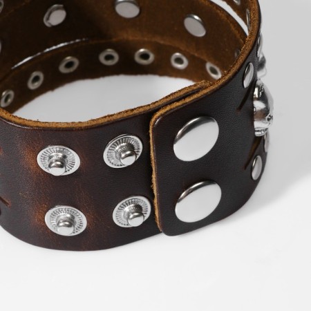 Bracelet Leather "Skull" dots, brown color with silver, 23 cm-2