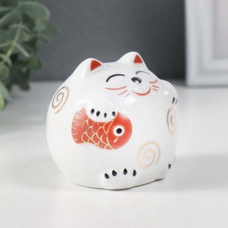 Piggy bank Ceramics "Cat Mani-Neko with a Round fish with patterns" 7x7x6.8 cm-1