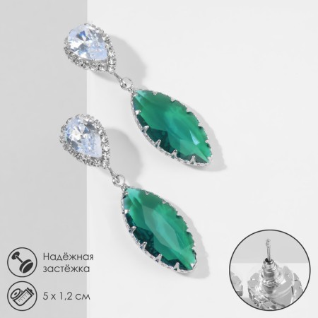 Earrings with rhinestones "Eden" almonds, white-green color in silver