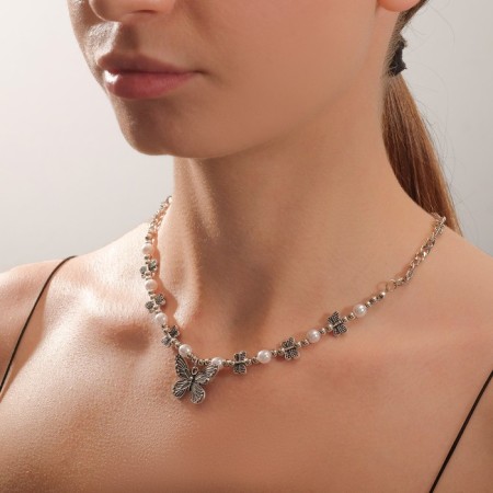Piece on a decorative basis "butterflies" with pearls, white color in black silver, l = 45 cm