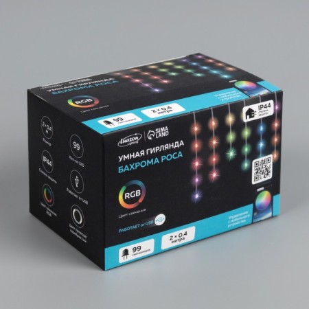 Smart garland "fringe" 2 × 0.4 m dew, IP20, silver thread, 99 LED, remote control, application, glow RGB, USB-11