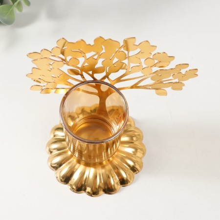 Climber Metal, glass for 1 candle "tree with leaves" d = 4.7 cm, gold 14.7x9.3x15 cm-5
