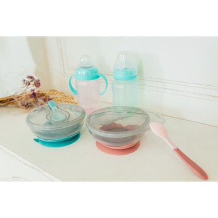 Set for feeding: a bowl on the suction cup, with a lid + spoon, pink color, 400 ml.-8