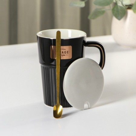 Ceramic mug with a lid and spoon Vintage, 350 ml, black color-1