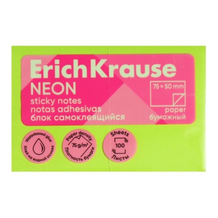 Block with a sticky edge paper 75x50 mm, Erichkrause "Neon", 100 sheets, green-1