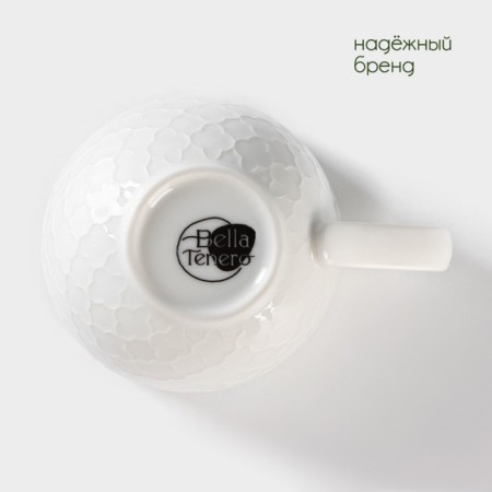 Ceramic tea set on the Bellatenero bamboo stand, 6 objects: 2 cups 350 ml, 2 wooden saucers d = 12 cm, 2 spoons, white color-6
