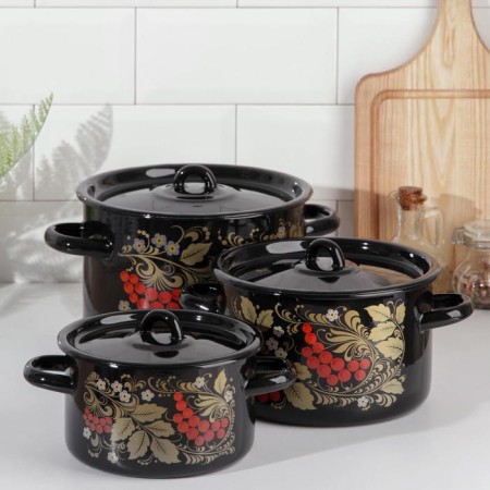 Set of pots “Ryabina”, 3 subjects: 1.5 l, 2.9 l, 4.5 l, enameled covers, induction