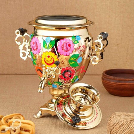 Set "Flowers in Gold", Acramus, 3 objects, a samovar 3 l, a teapot 0.7 l, tray-6