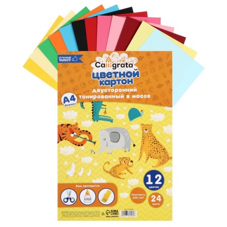 Cardboard of color two -way A4, tinted in mass, 24 sheets, 12 colors, 220 g/m2