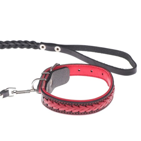 Set of a collar (34-45x2 cm) and a leash (120x0.8 cm) with a scythe, black with red-6