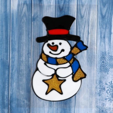 Stick on glass "A snowman in a striped scarf with a star" 9.5x15 cm