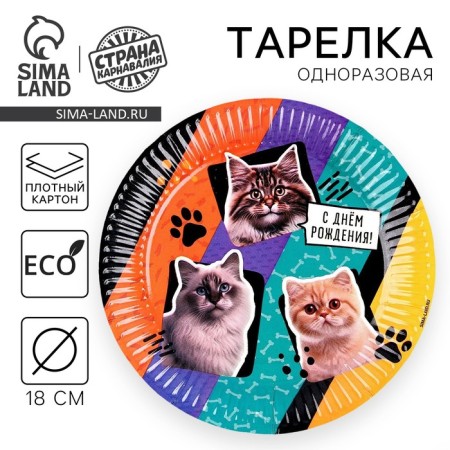 Disposable paper plate "Happy Birthday", cats, 18 cm