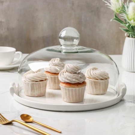 Ceramic dish with a lid-pipe for desserts Valencia, 31 × 28 × 19 cm, white color-1