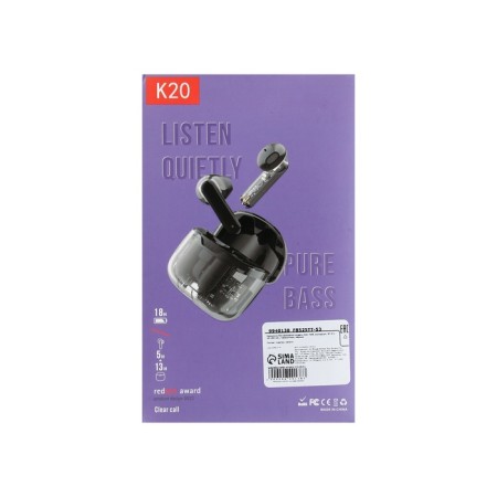 Wireless headphones K20, TWS, inserts, BT 5.0, 35/260 mAh, transparent, black-12