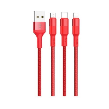 Cable 3 in 1 Hoco X26, USB - Microusb/Lightning/Type -C, 2 A, 1 m, metal, red-1