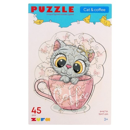 Wooden puzzle "Cat and coffee" s