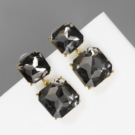 Earrings with rhinestones "Illusion" Highways Squares, gray color in gold